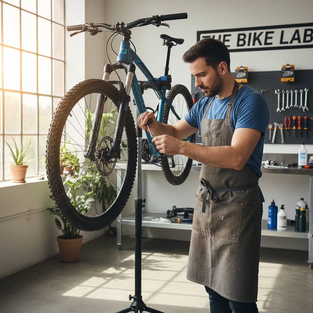 Bike mechanic replacing brake pads on a bicycle