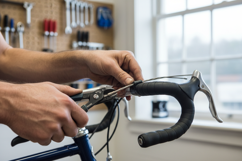 Mechanic replacing brake cable on a bicycle