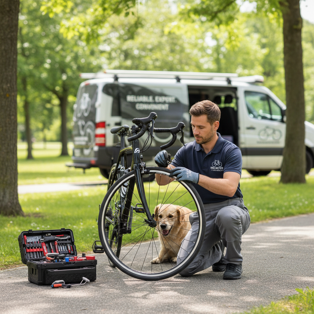 Mobile bike mechanic replacing brake pads on a bicycle